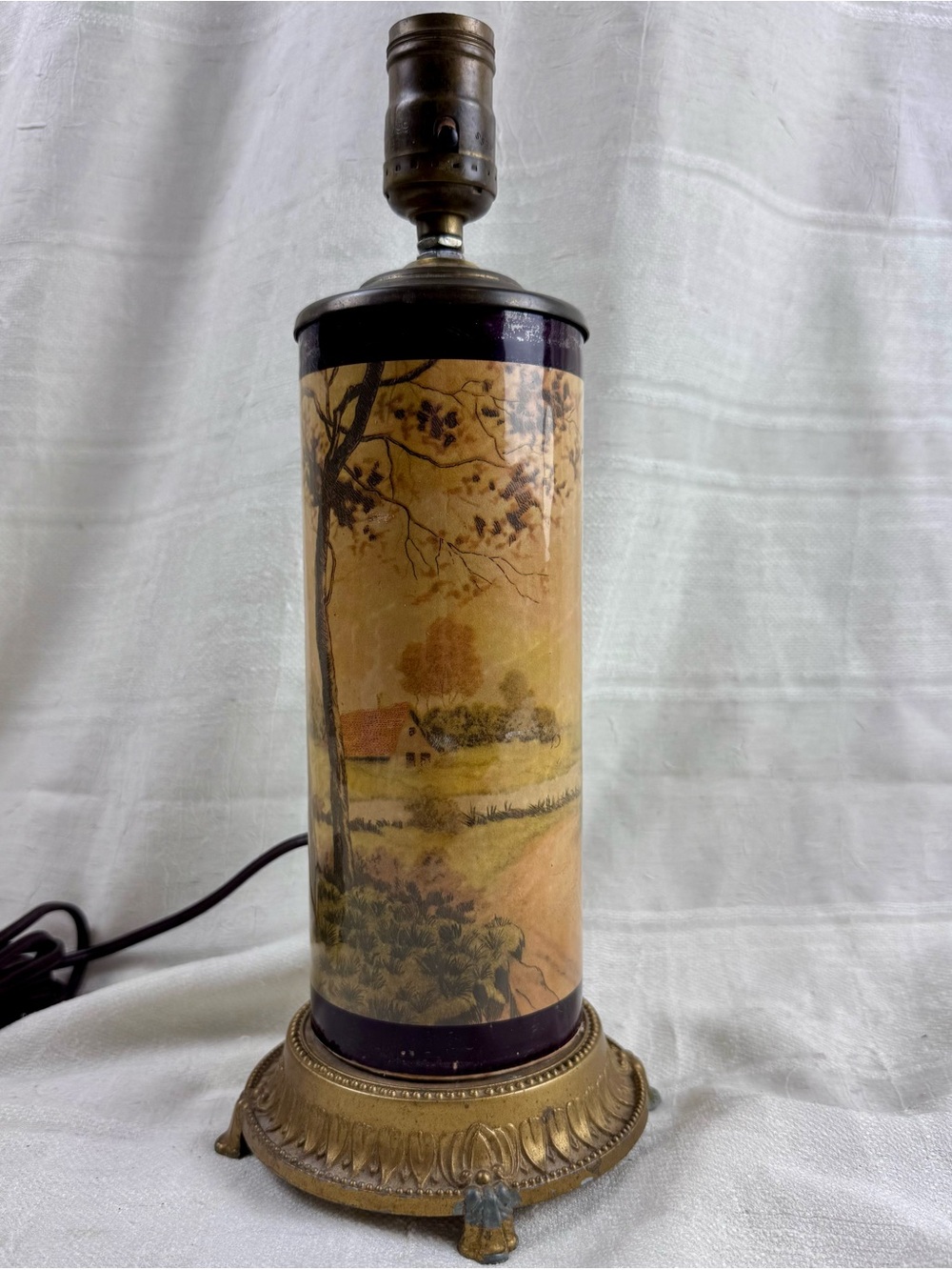 VTG Art Nouveau Style Brass Pastoral Scene Signed Phillipe Cylinder Table Lamp